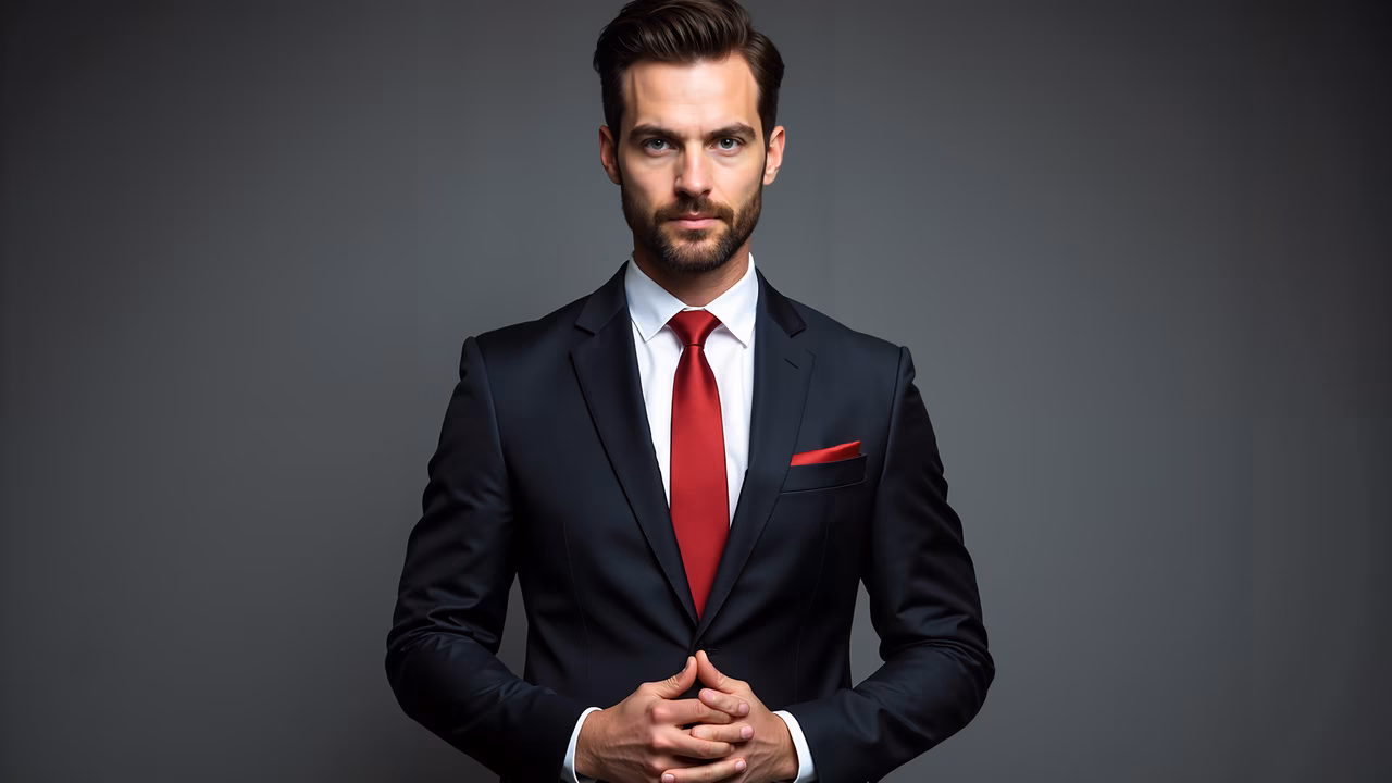 Confidently dressed man in a black suit and red tie, exuding professionalism.