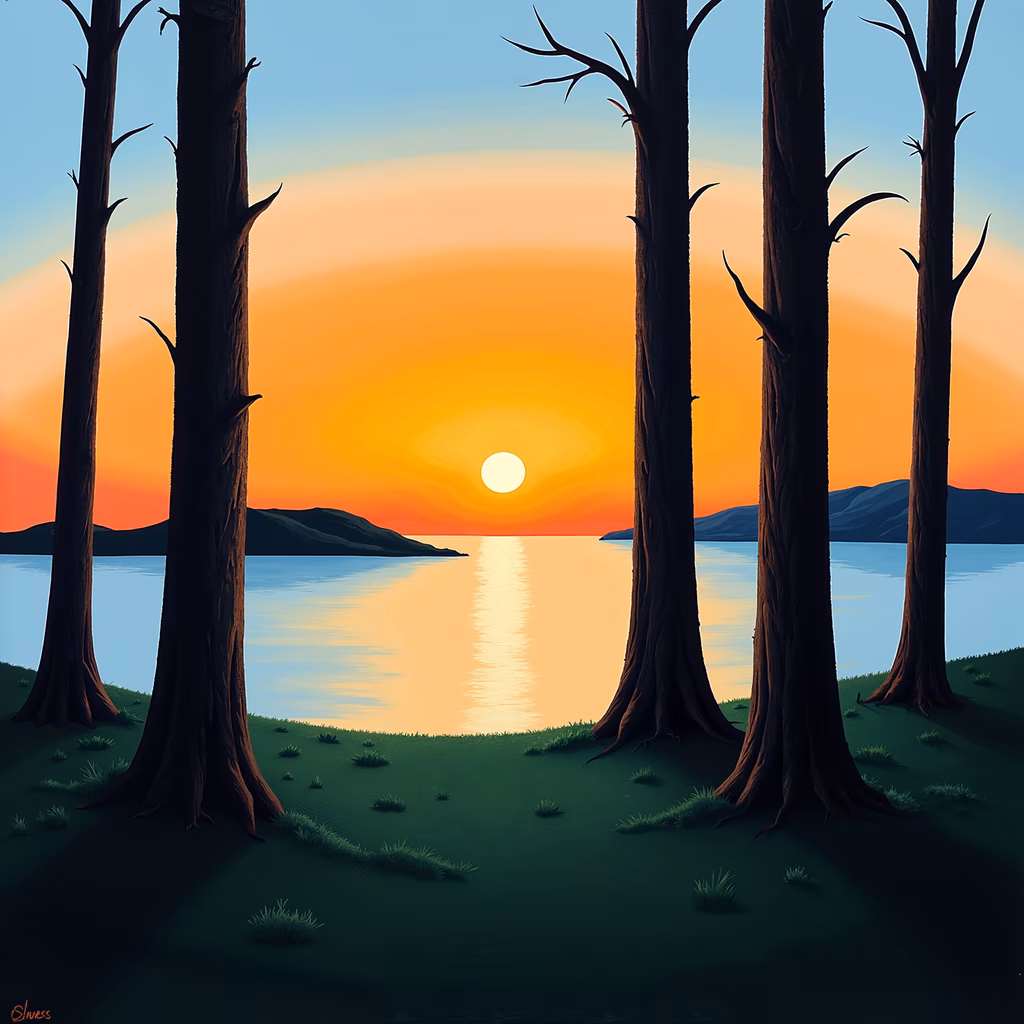 A peaceful sunset scene framed by trees, capturing tranquility and natural beauty.
