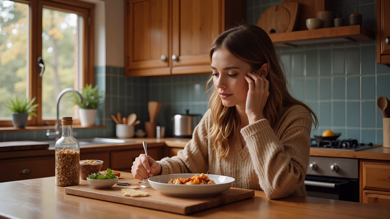 A woman enjoys a meal in a cozy, well-lit kitchen setting.