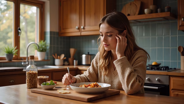 Woman Enjoying Meal in Cozy Kitchen