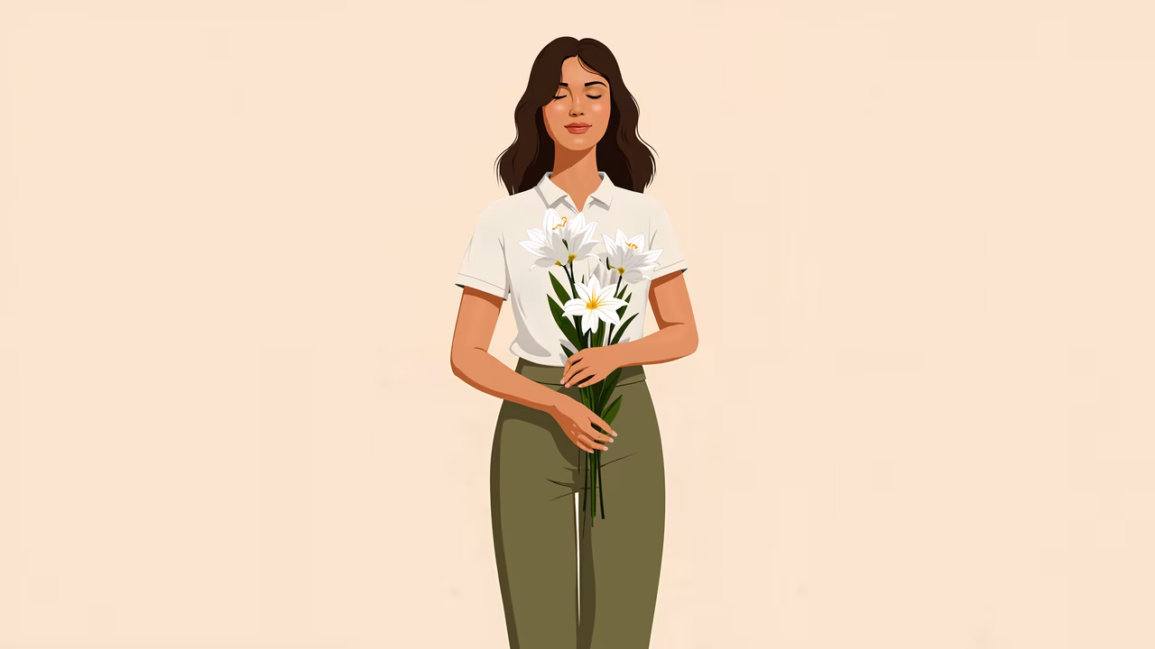 A serene illustration of a woman holding white flowers against a beige backdrop.