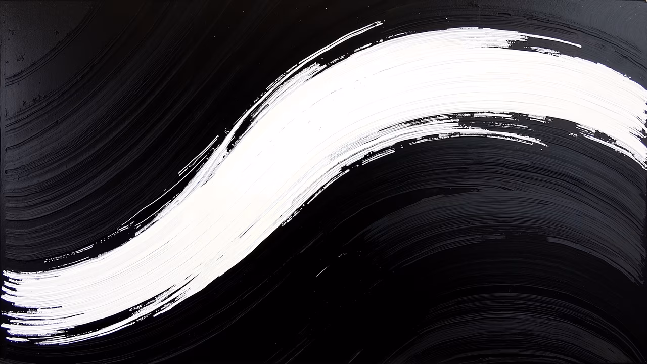 Bold black and white brushstrokes create a dynamic abstract artwork.