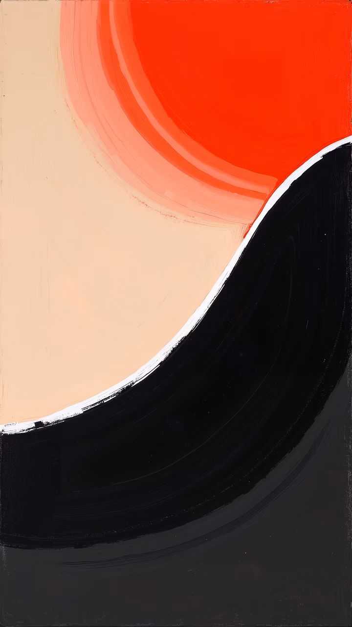 Bold abstract composition with black, red, and beige tones.