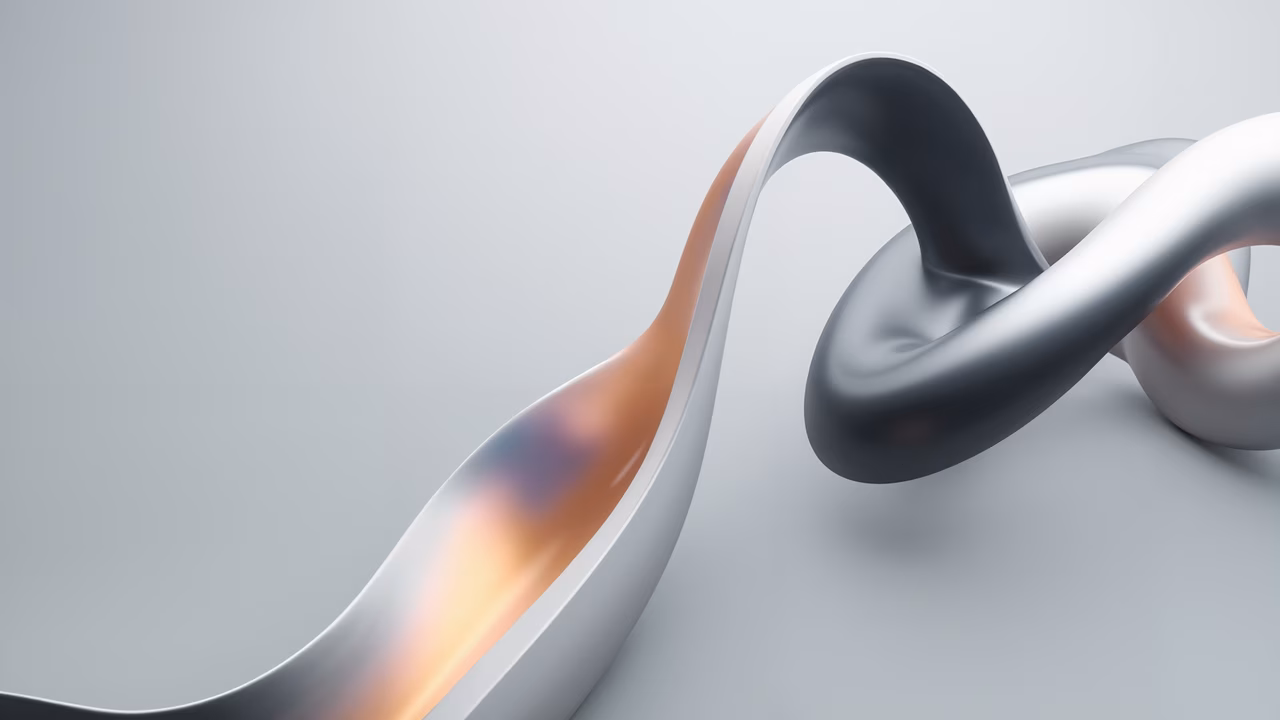 Smooth, flowing lines in shades of white, gray, and orange create a sense of motion and elegance.