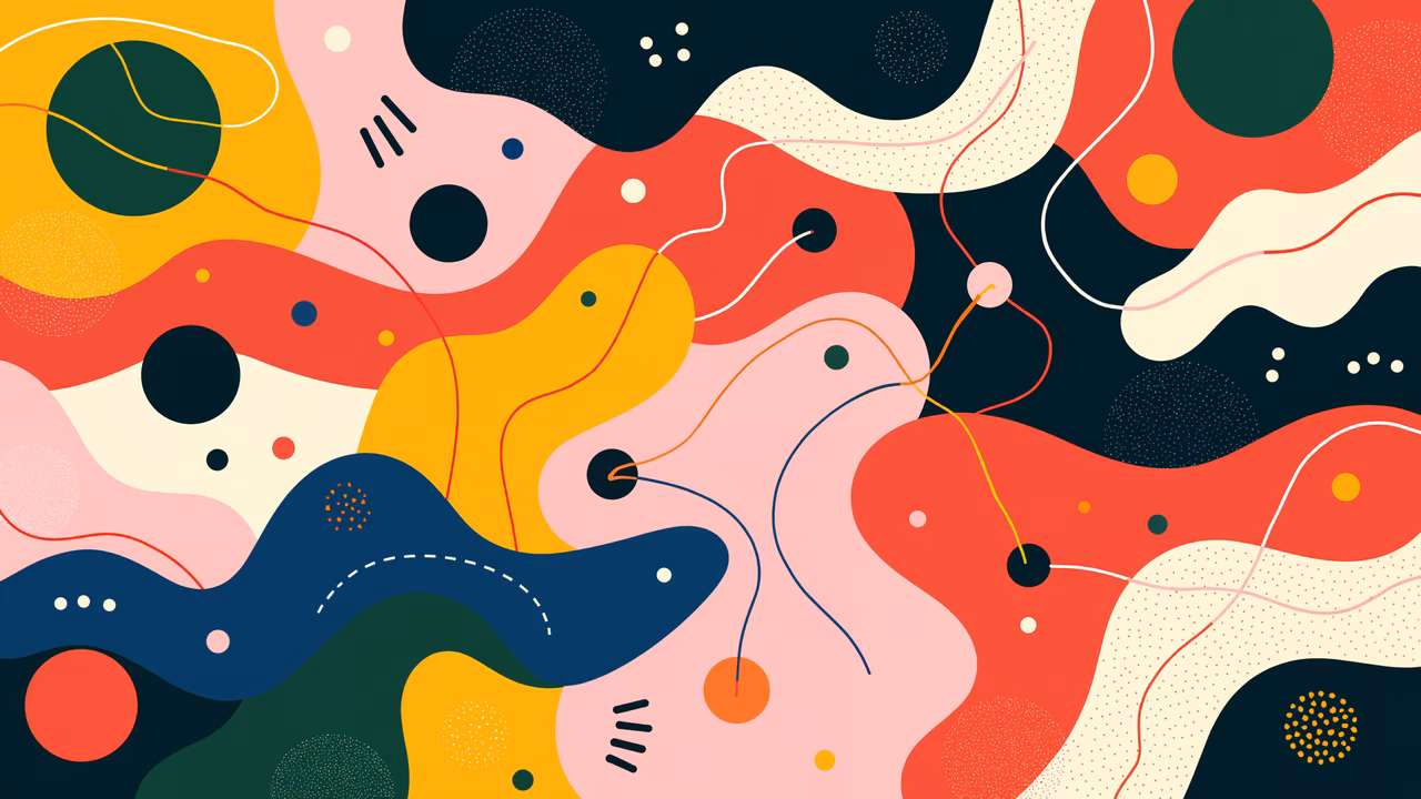 Vibrant abstract illustration with flowing shapes and bold colors.
