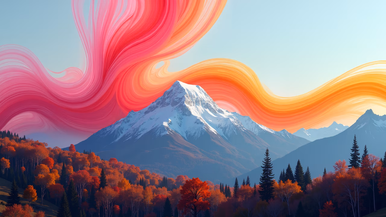 Abstract landscape with snow-capped peak and swirling colors