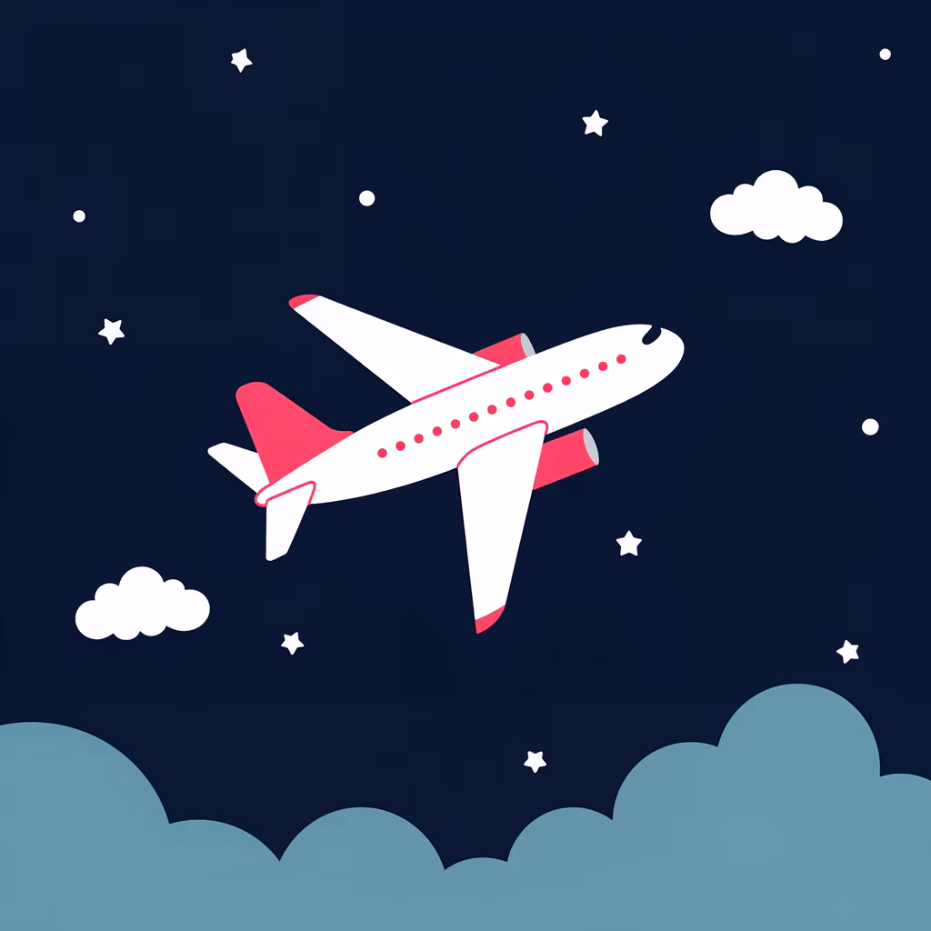 Whimsical airplane flight illustration with clouds and stars.