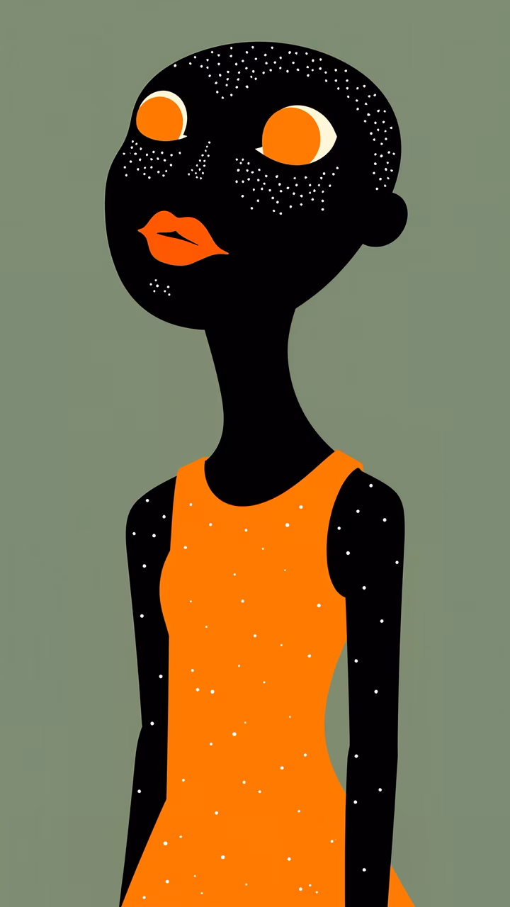 Surreal alien portrait with striking orange accents and black silhouette.