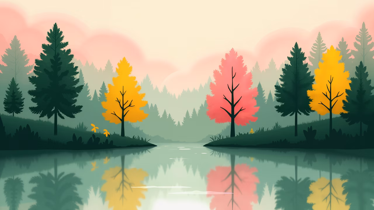 A peaceful autumn landscape with vibrant colors and reflective water.