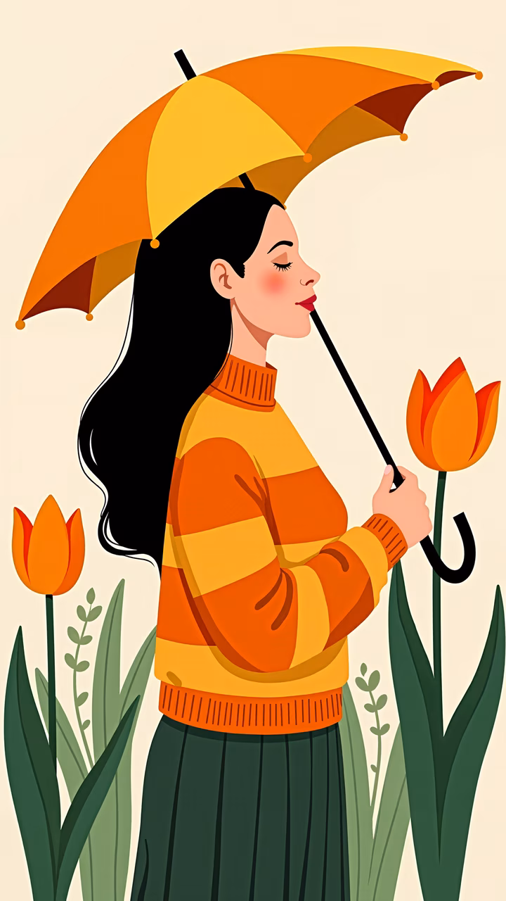 A peaceful autumn illustration with a woman in warm tones and tulips.