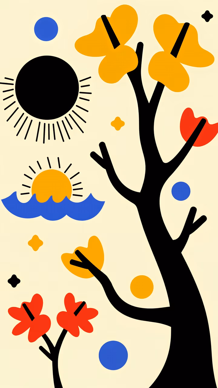 A charming autumnal illustration featuring a tree with yellow and red leaves, a radiant sun, and a serene atmosphere.