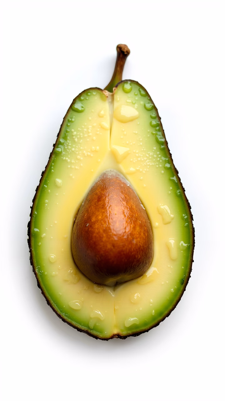 Close-up of halved avocado with water droplets, highlighting freshness and natural beauty.