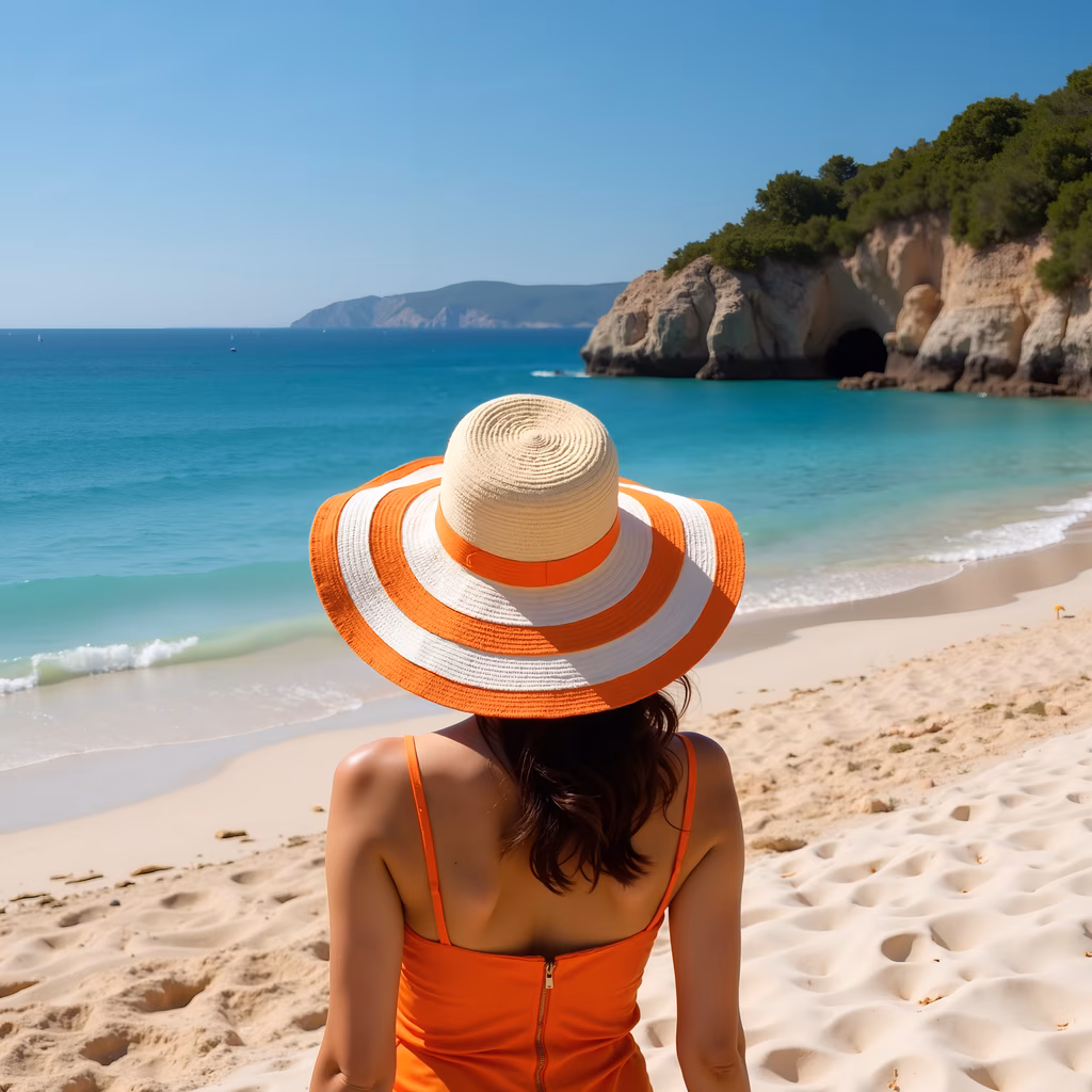 Woman enjoying a serene beach day by the turquoise sea.