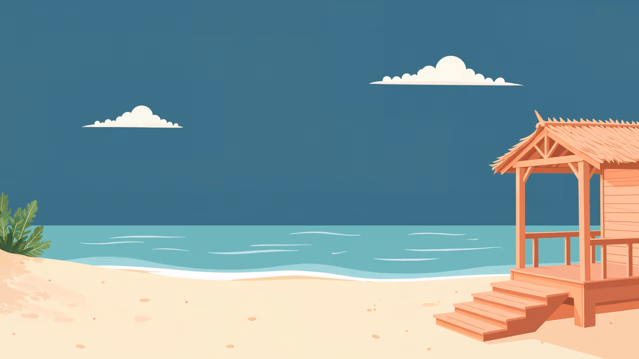 A tranquil beach scene with a wooden hut and calm waters.