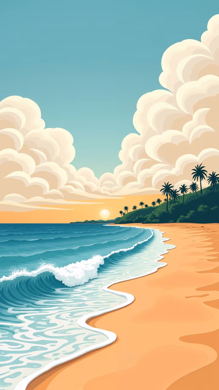 A tranquil beach scene with palm trees and a sunset sky.
