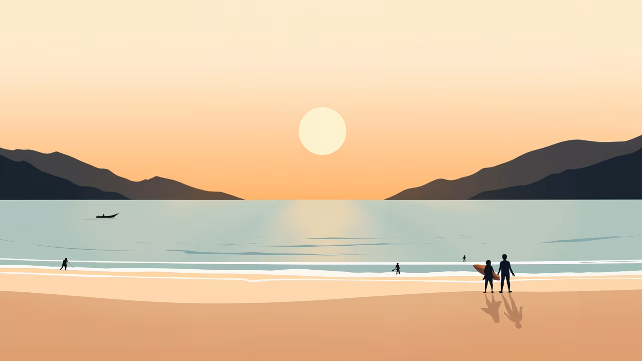 A tranquil beach scene at sunset, featuring silhouettes of people and a calm ocean.