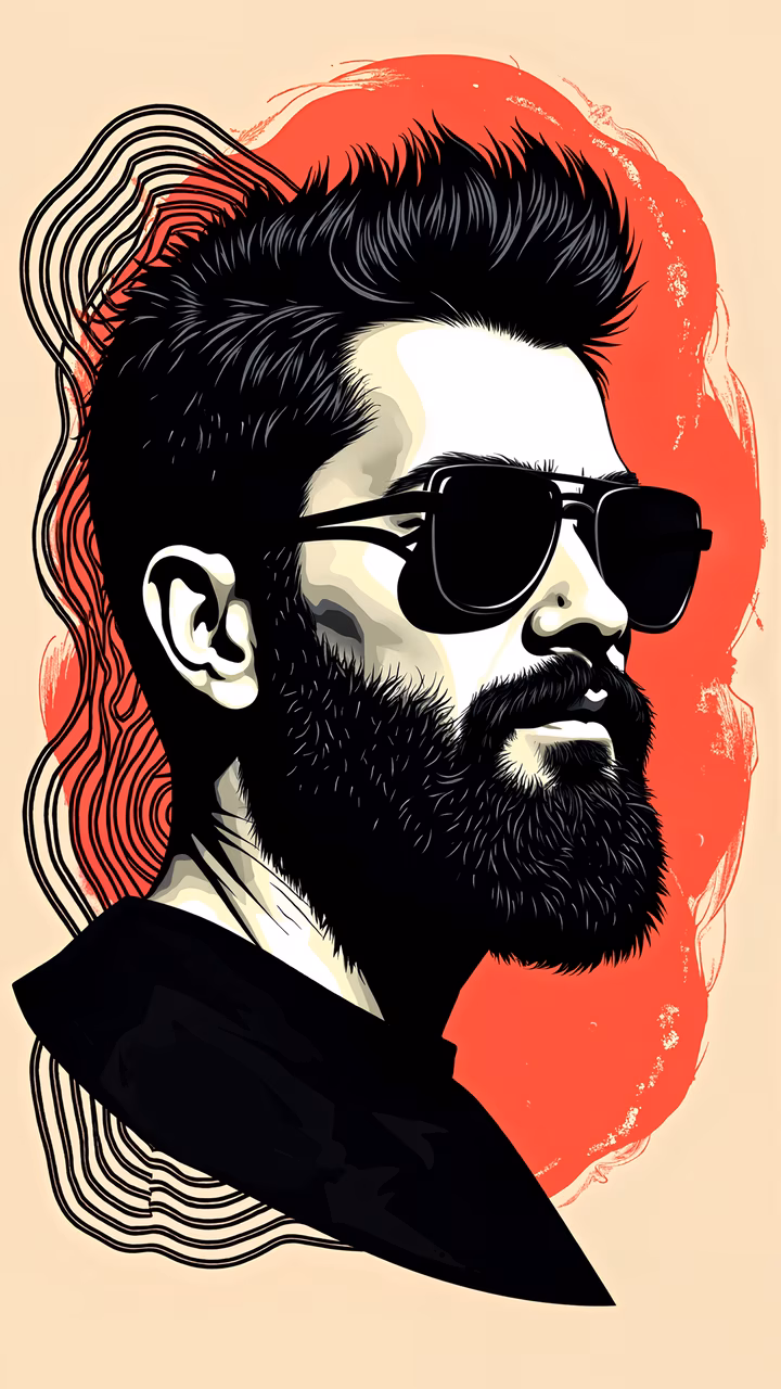 Bold portrait of a bearded gentleman in a suit, set against a striking red background.