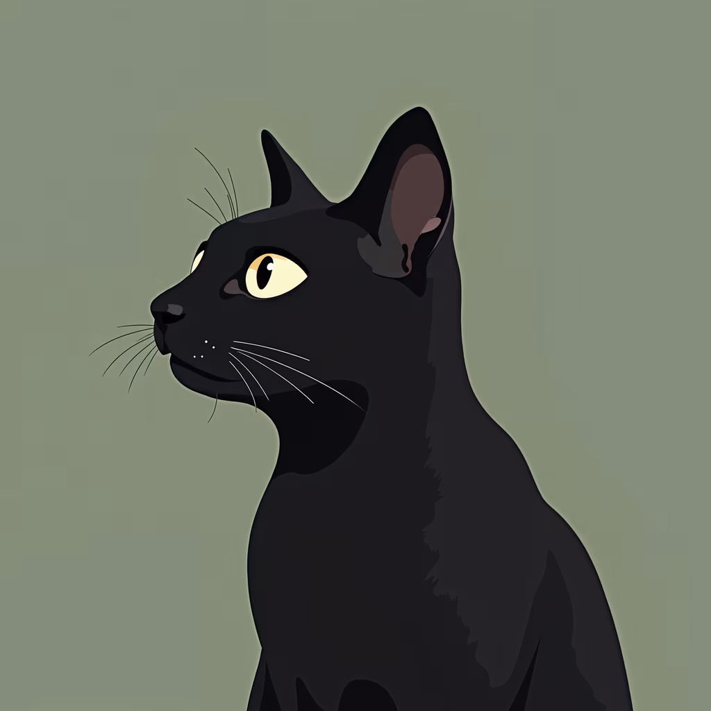 Minimalist black cat illustration with striking yellow eyes and muted green background.