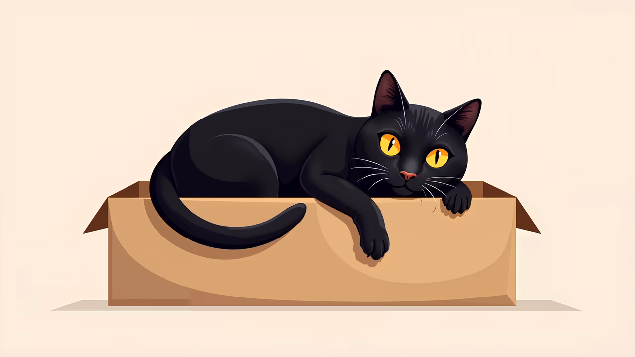 A cute black cat relaxing in a cardboard box, perfect for animal lovers and cozy vibes.