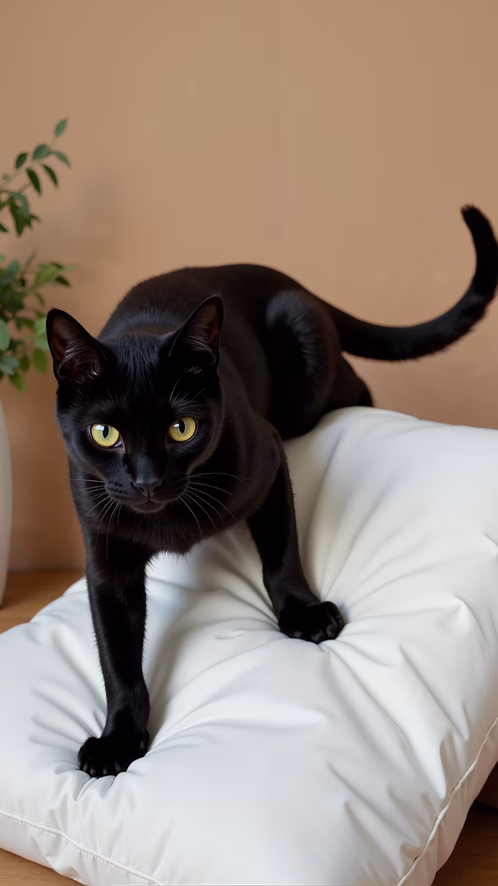 A black cat with yellow eyes standing on a white pillow, creating a striking contrast.
