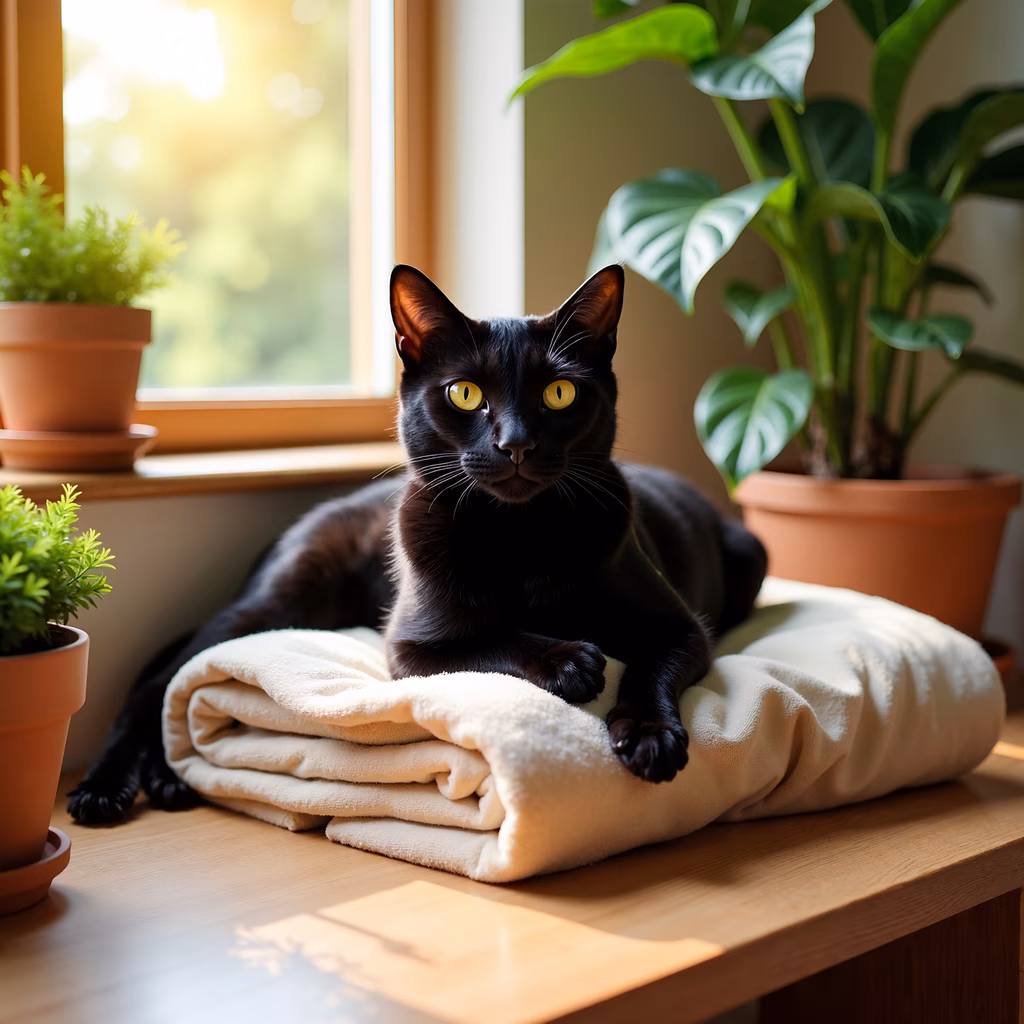 A black cat relaxing on a blanket near a sunny window, surrounded by greenery.