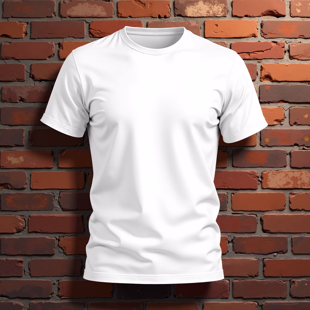 Minimalist white t-shirt against rustic brick wall