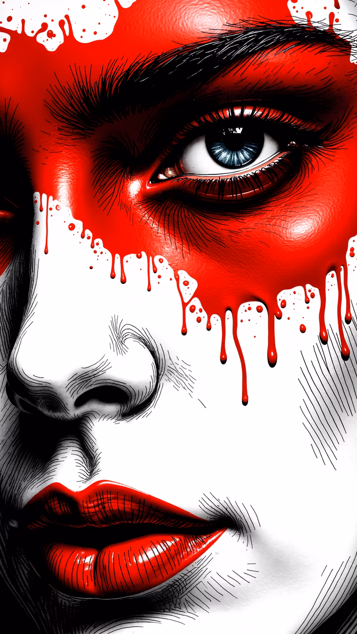 Intense red tears on a stark black and white background, creating a powerful emotional impact.