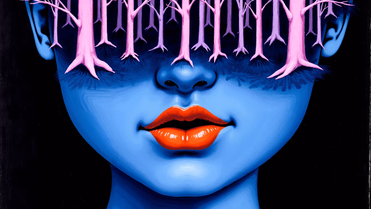 Eerie surrealism with blue skin and red lips on a black background.