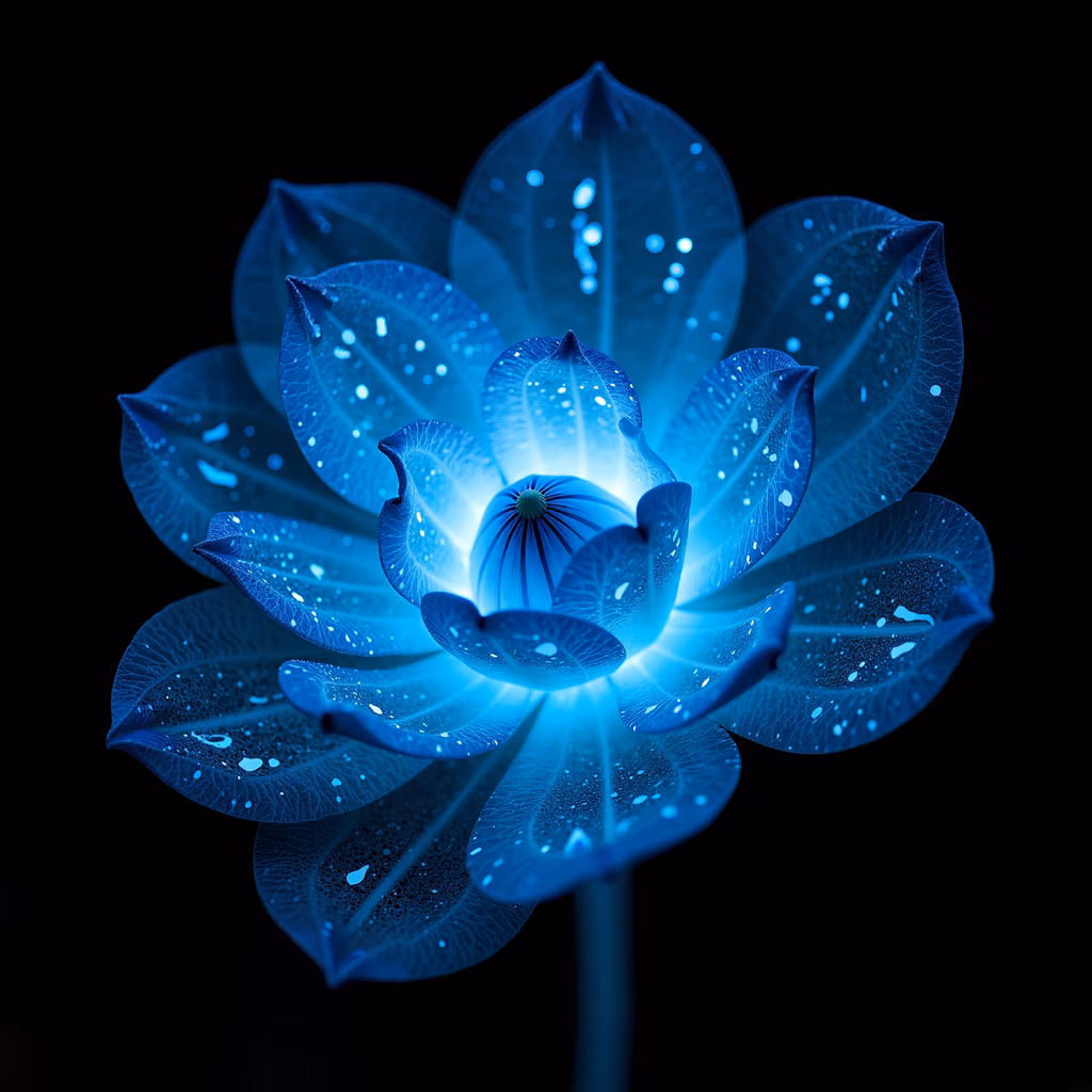 Glowing blue lotus flower with intricate details and ethereal light effect.