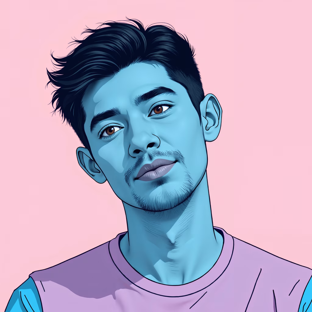 Minimalist portrait with striking blue tones on a pink background.