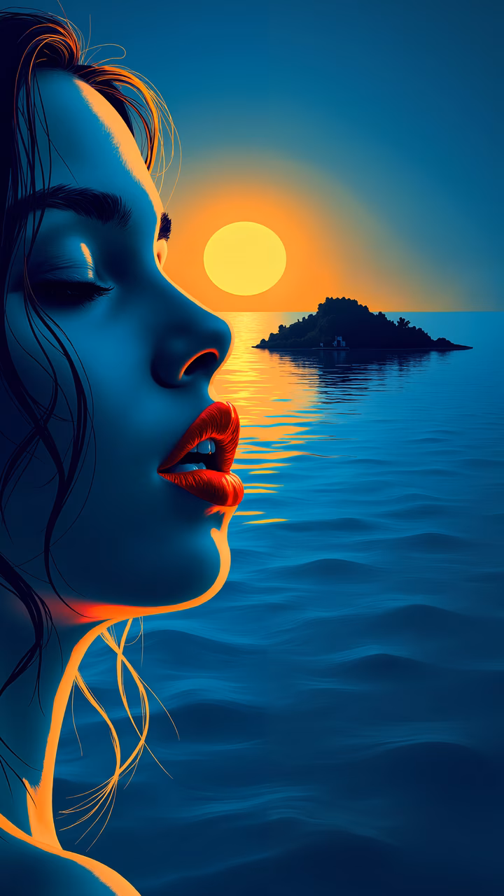A striking illustration of a woman's profile against a sunset backdrop, evoking tranquility and reflection.