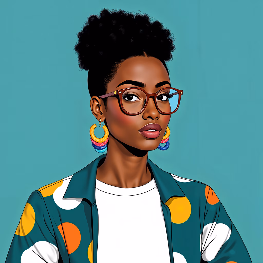 Bold fashion illustration featuring a stylish individual with a colorful polka-dot jacket and large hoop earrings against a teal background.