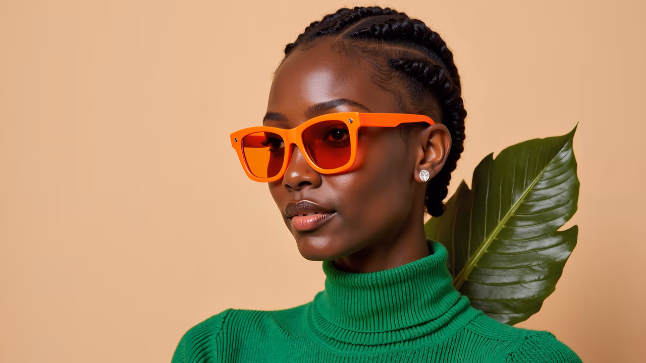 Vibrant orange sunglasses and green sweater against a beige backdrop with a green leaf.