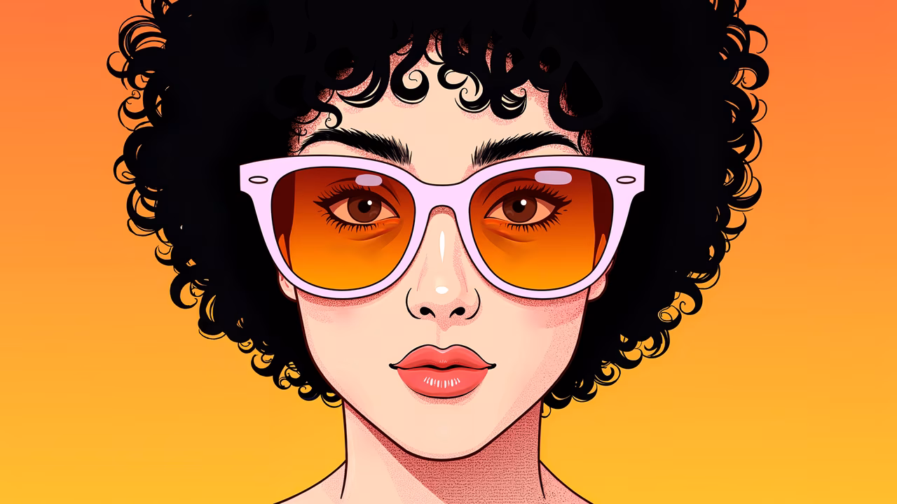 Vibrant illustration of a person with curly hair and pink sunglasses on a colorful gradient background.