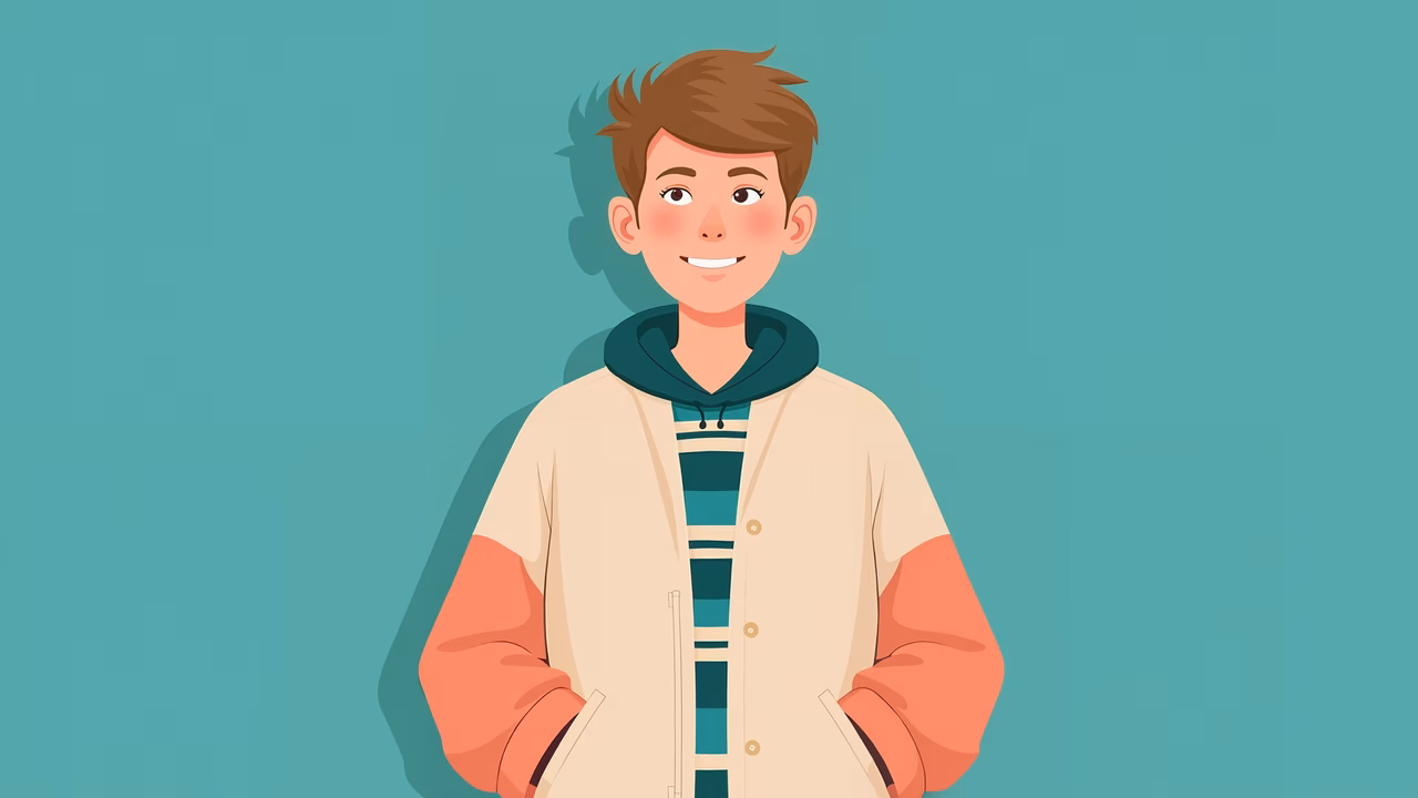 A cheerful illustration of a boy in a hoodie against a teal background.