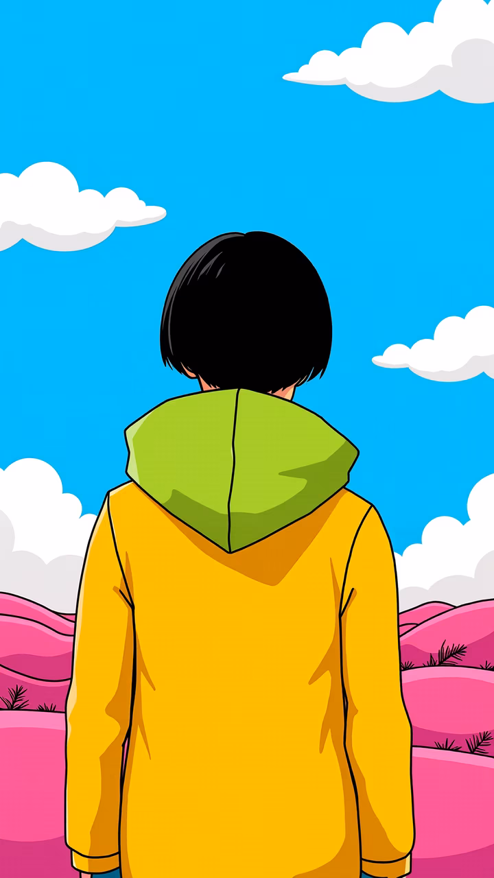 Boy in yellow hoodie, whimsical landscape, children's art