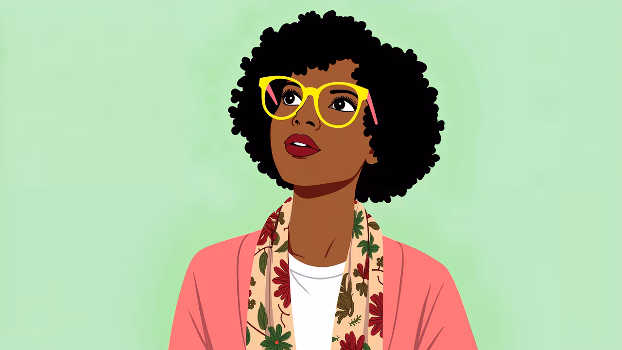 Vibrant illustration of a stylish individual with yellow glasses and a floral shirt, set against a pastel green background.