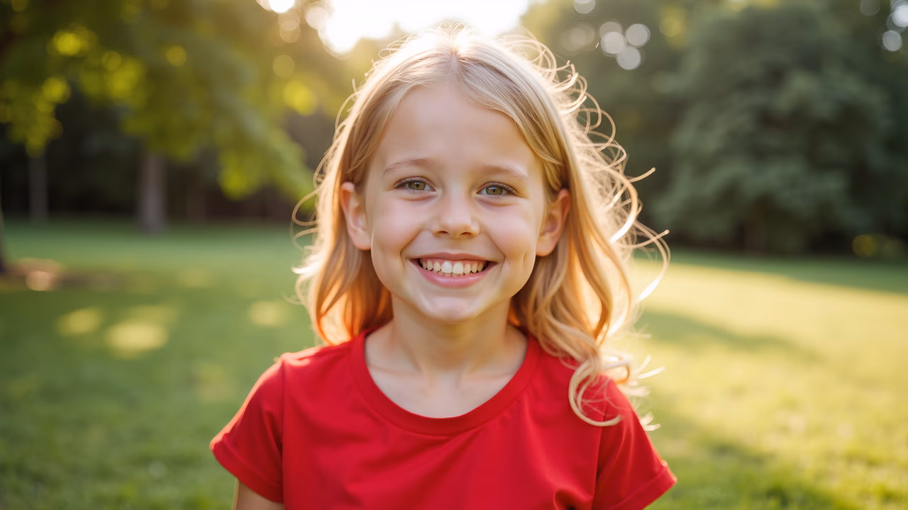 Bright smile of a young girl in a sunny park setting.
