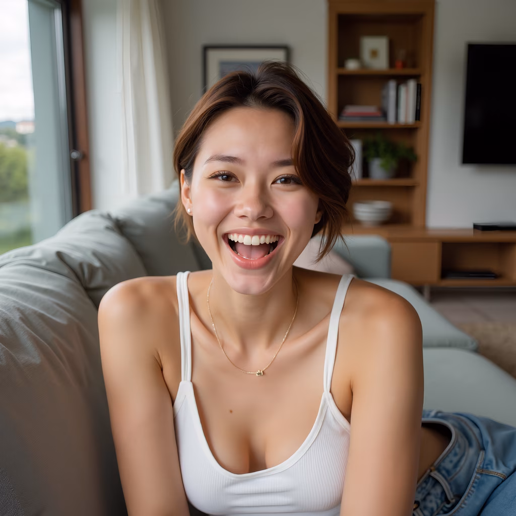 Joyful portrait of a smiling woman in a cozy living room setting.