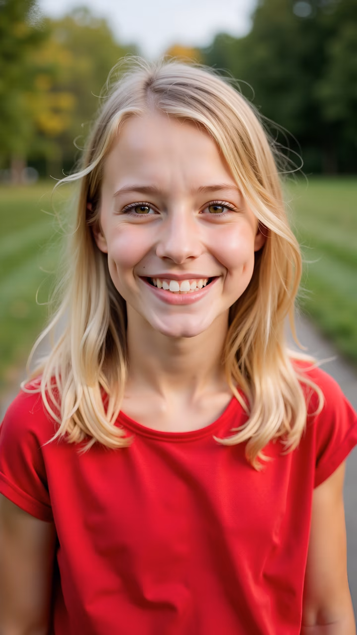 Close-up portrait of a smiling girl in a red shirt, set against a green park backdrop.