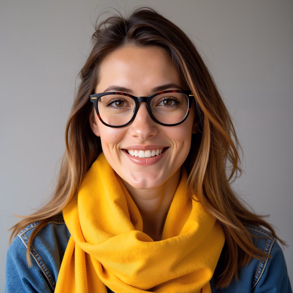 Close-up portrait of a smiling individual wearing glasses and a yellow scarf, captured in soft lighting.