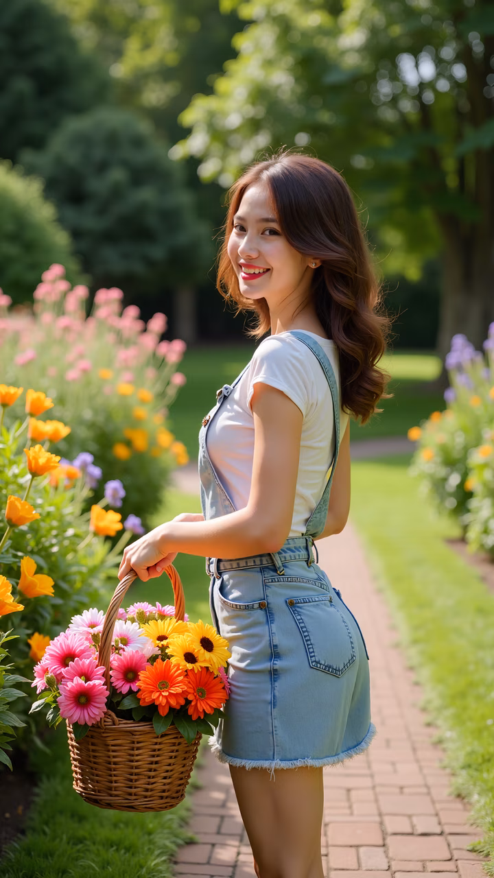 Bright summer day with a cheerful woman holding a flower basket in a colorful garden.