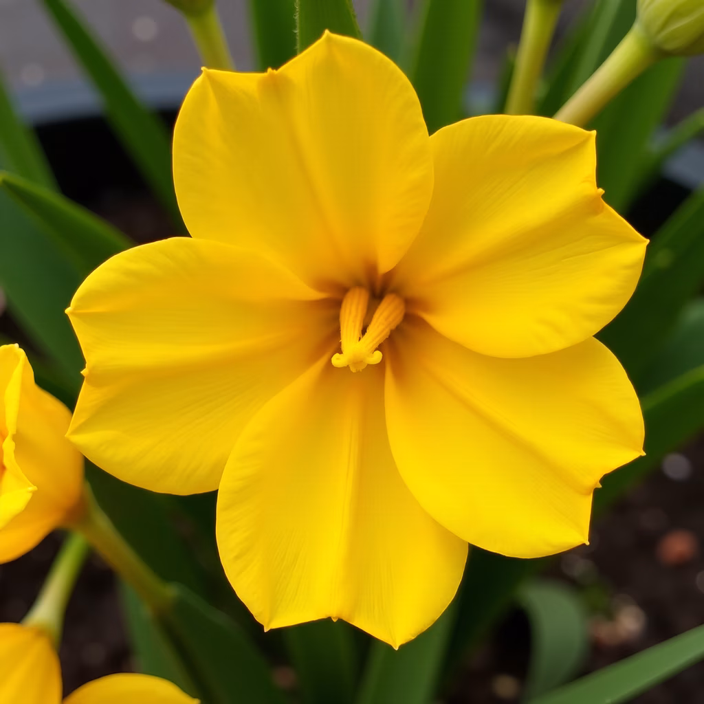 Close-up of a bright yellow narcissus flower with vivid colors and intricate details.