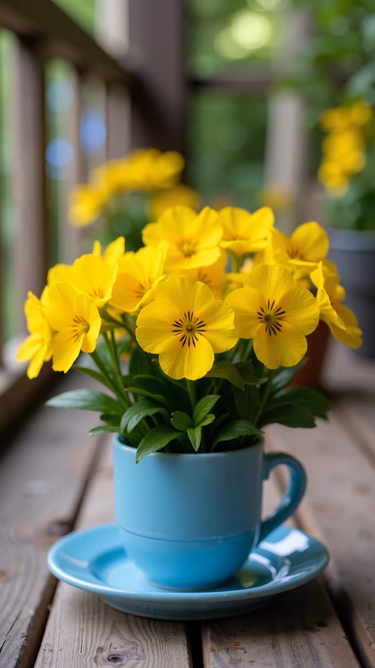Bright Yellow Pansies in a Blue Cup