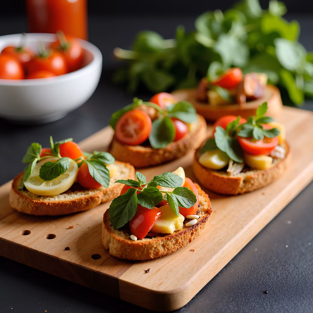 Delicious bruschetta with tomatoes and basil on a wooden board.
