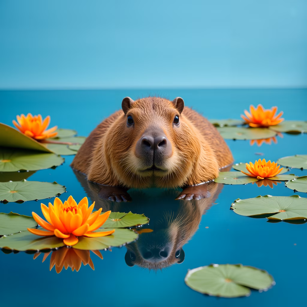 A serene capybara amidst blooming water lilies in a tranquil pond.