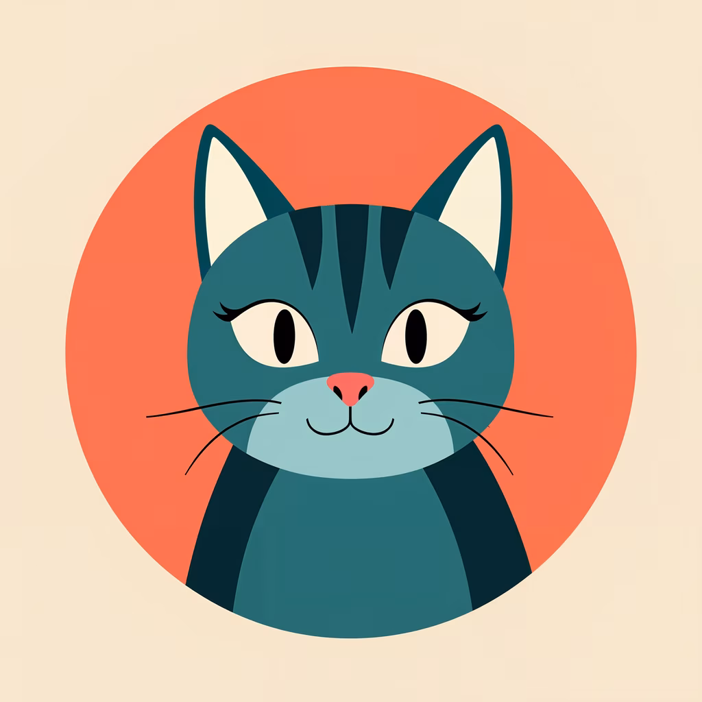 A cute cartoon cat with big eyes and a pink nose, set against a red circle.