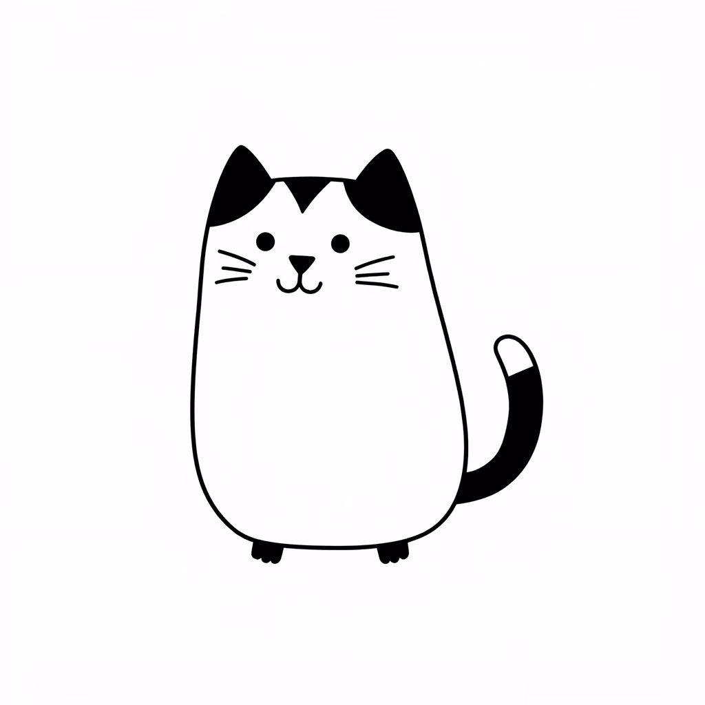 Minimalistic cartoon cat with black and white design, evoking innocence and simplicity.