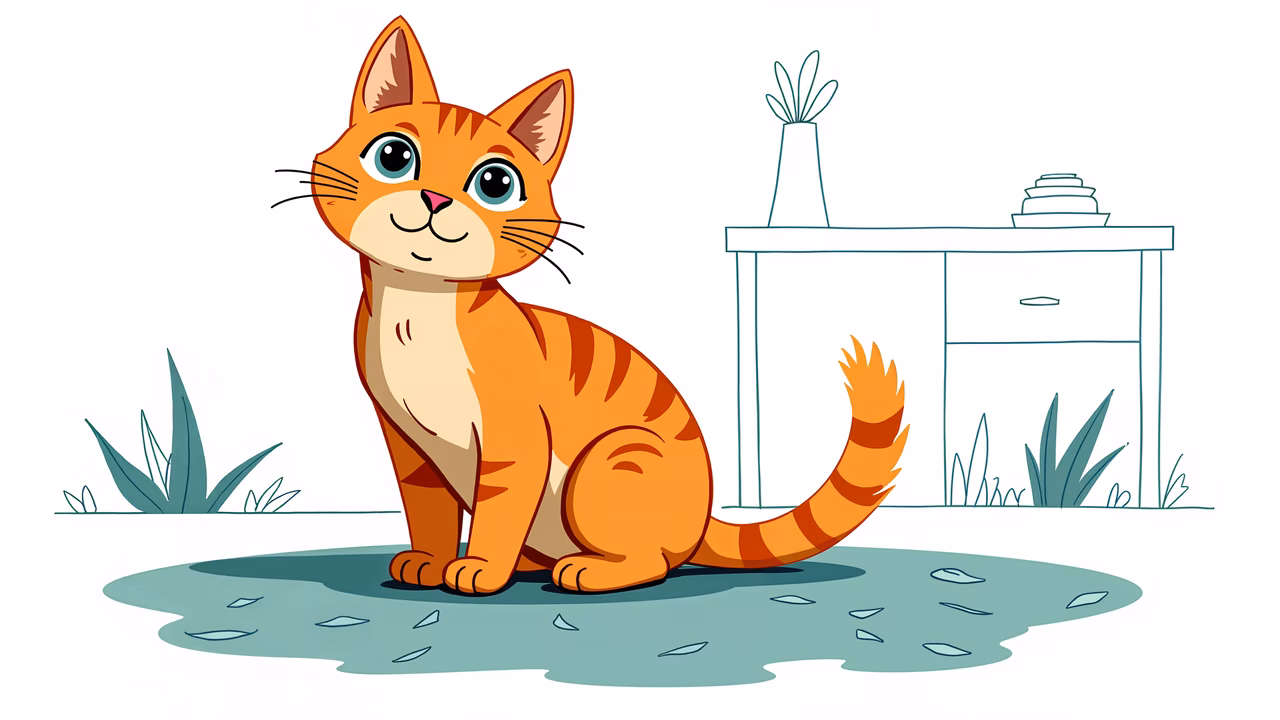 A delightful cartoon cat sitting on a puddle in a cozy indoor environment.