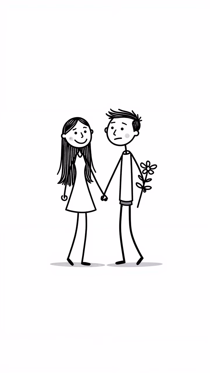 A cute cartoon couple holding hands, representing love and companionship.